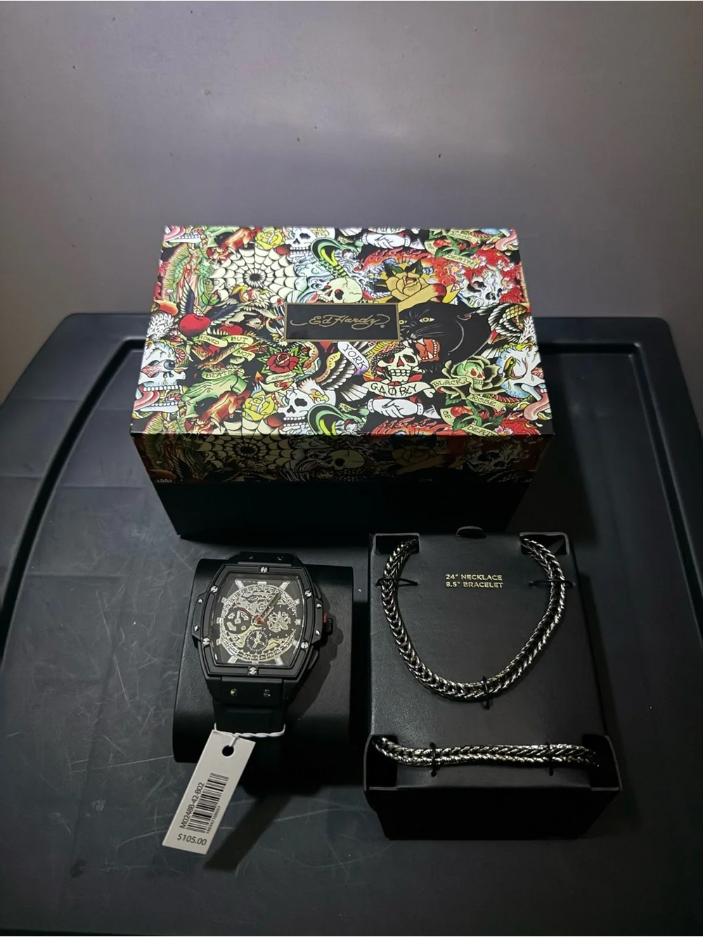 Ed Hardy Black and Silver Men's Watch & Jewelry Set